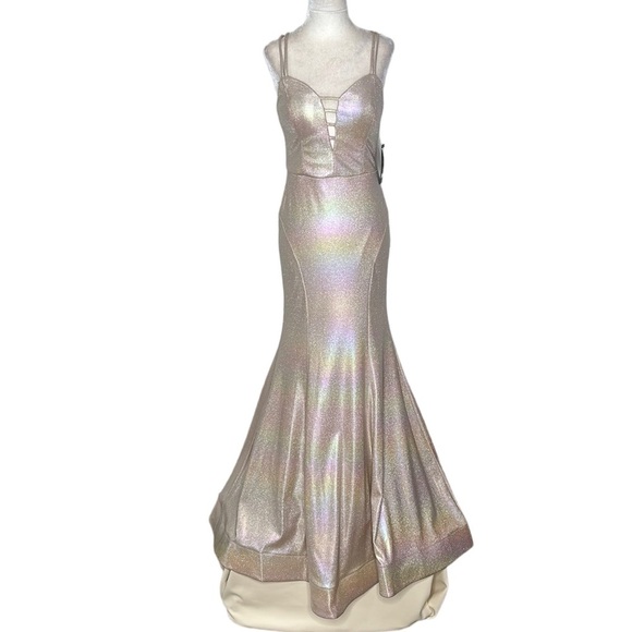 City Vibe | Spaghetti Strap V-Neck Iridescent Foiled Long Dress - Picture 4 of 17